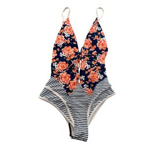 Floral Chevron One Piece Swimsuit Plunge Neck Braided Straps Boho Monokini Sz M